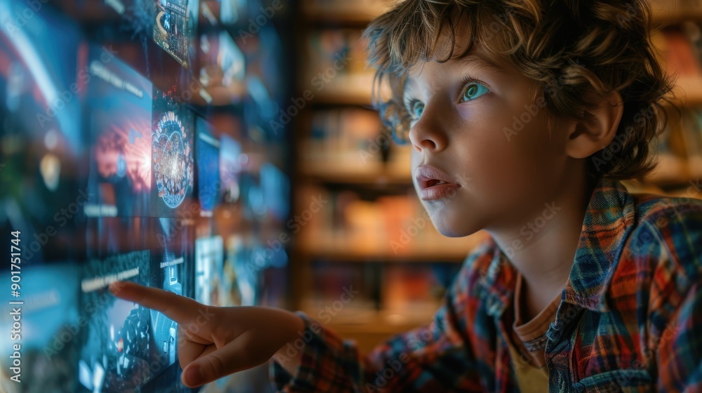 Merging Realities: Close-up of Child Engrossed in Digital Storytelling at School Library with Immersive Overlay Merging Realities: Close-up of Child Engrossed in Digital Storytelling at School Library with Immersive Overlay
