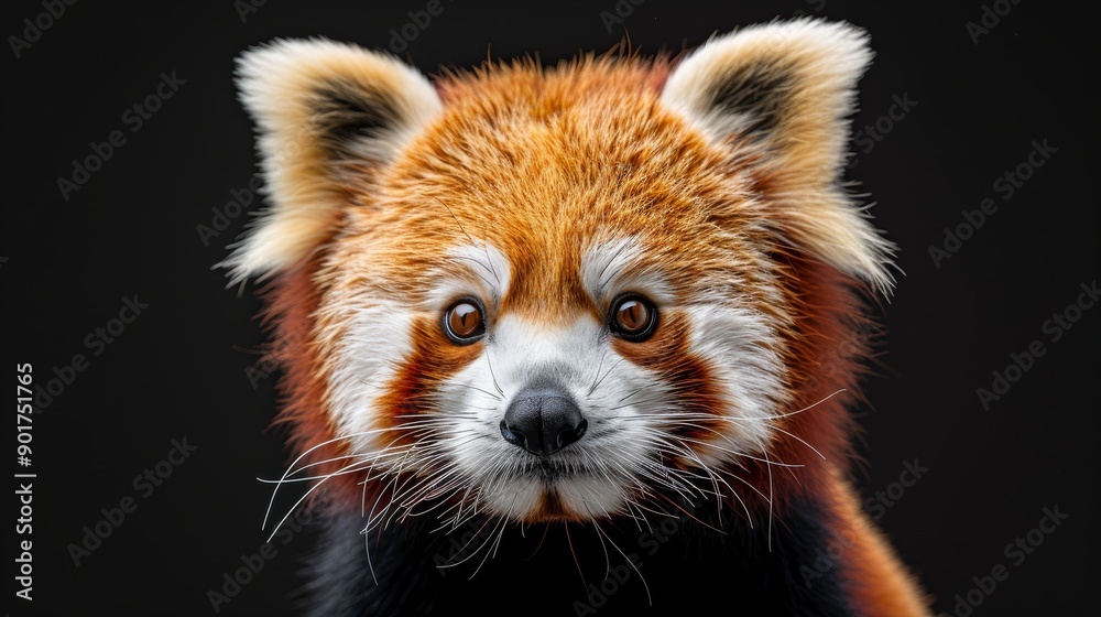 Red panda poses against a dark background, gazing at you with its vibrant fur, whiskers, and bright eyes Red panda poses against a dark background, gazing at you with its vibrant fur, whiskers, and bright eyes