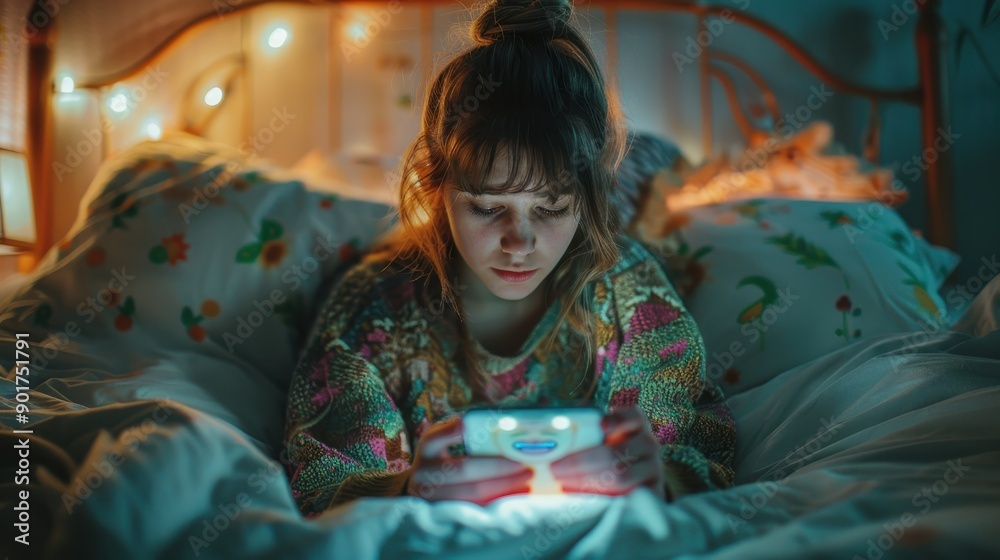 Obraz premium Digital Overload: Humorous Fusion of Memes - Woman Engrossed in Online World by Bed backdrop