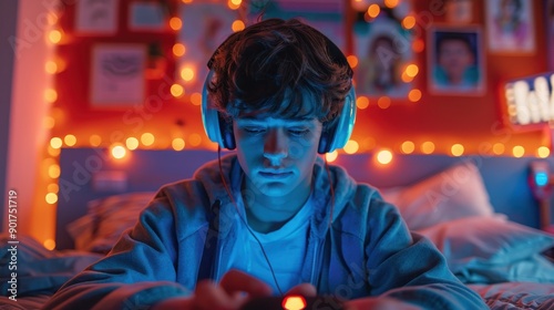 Digital Detox Dilemma: Teenager Obsessed with Music Streaming - Vibrant Escape in Multilayered Bedroom Setting