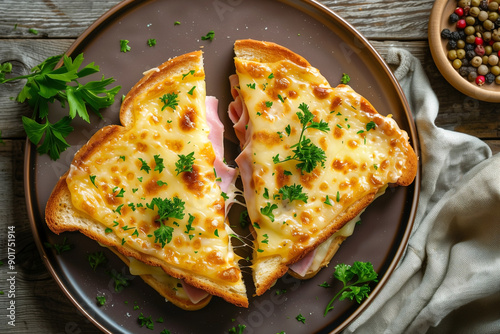 croque monsieur hot sandwich with ham and cheese, top view