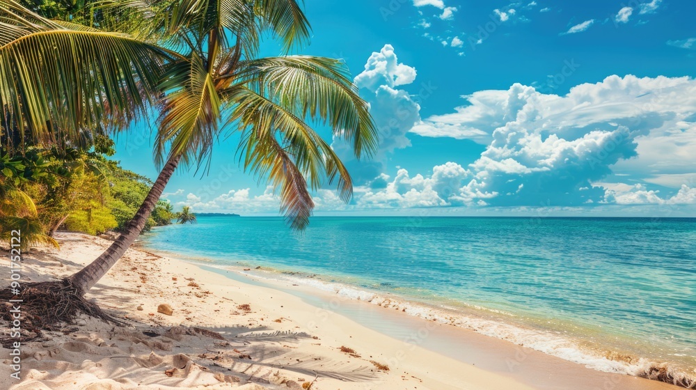 Fototapeta premium A serene beach scene with palm trees and the ocean in the background