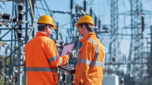 Engineers inspecting power grid substations for maintenance and upgrades. 