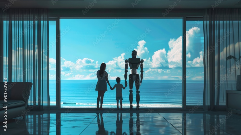 Fototapeta premium Futuristic robots help babysit , Generative AI