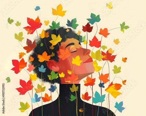 Embracing Gratitude Through Mindful Reflection Surrounded by Autumn Leaves in a Minimalist Style photo