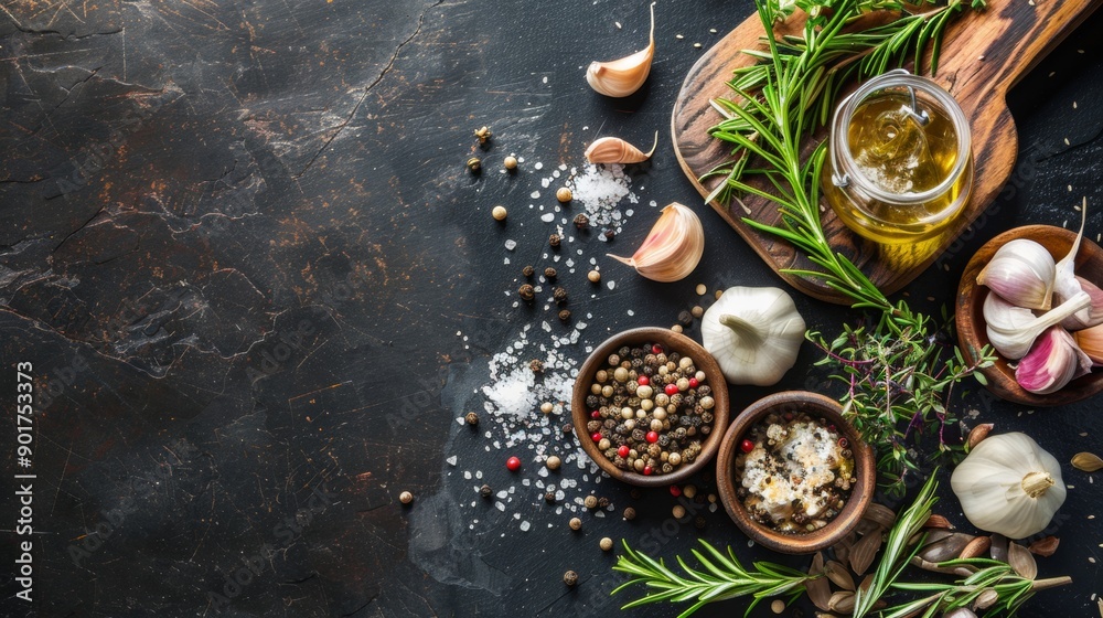 Fototapeta premium Assorted spices and herbs on rustic black surface