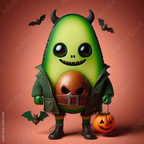 Cute HalloweenInspired Avocado Character in a Spooky Costume with Pumpkin and Bats photo