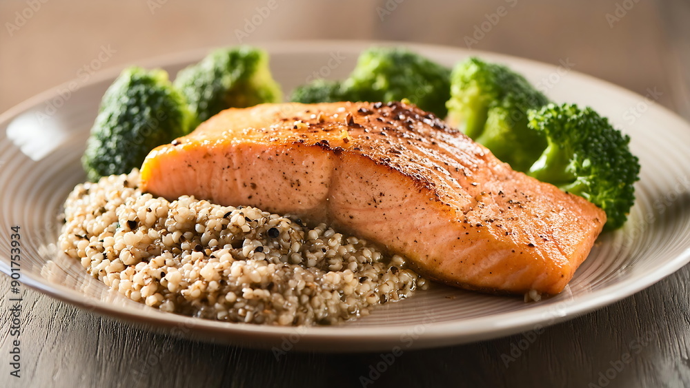Grilled Salmon with Quinoa and Broccoli on a Plate Grilled Salmon with Quinoa and Broccoli on a Plate