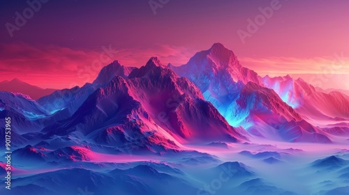 3d render of abstract art 3d background surreal landscape with big fantasy magic mountains with neon glowing blue purple and red gradient color light ai generated