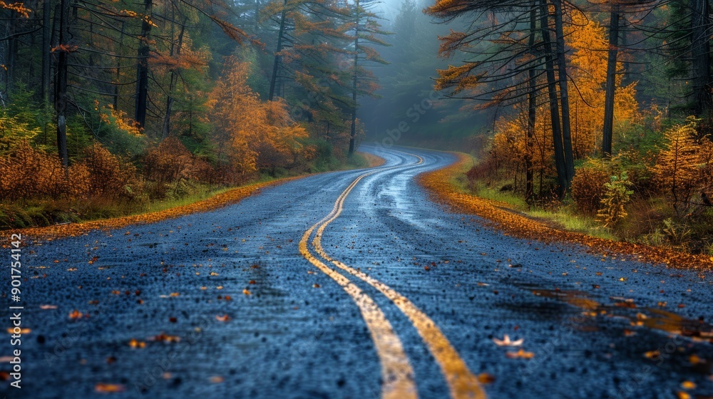 Winding Road Through Misty Autumn Forest With Vibrant Fall Foliage in Early Morning Light. Generative AI Winding Road Through Misty Autumn Forest With Vibrant Fall Foliage in Early Morning Light. Generative AI