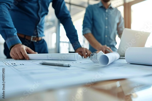 Architects' Hands in Close-up Focus on Blueprint Work photo