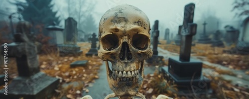 Skeleton with bony features, creeping through a misty cemetery, a chilling reminder of mortality, spine-chilling and eerie, mortality bony creepy photo