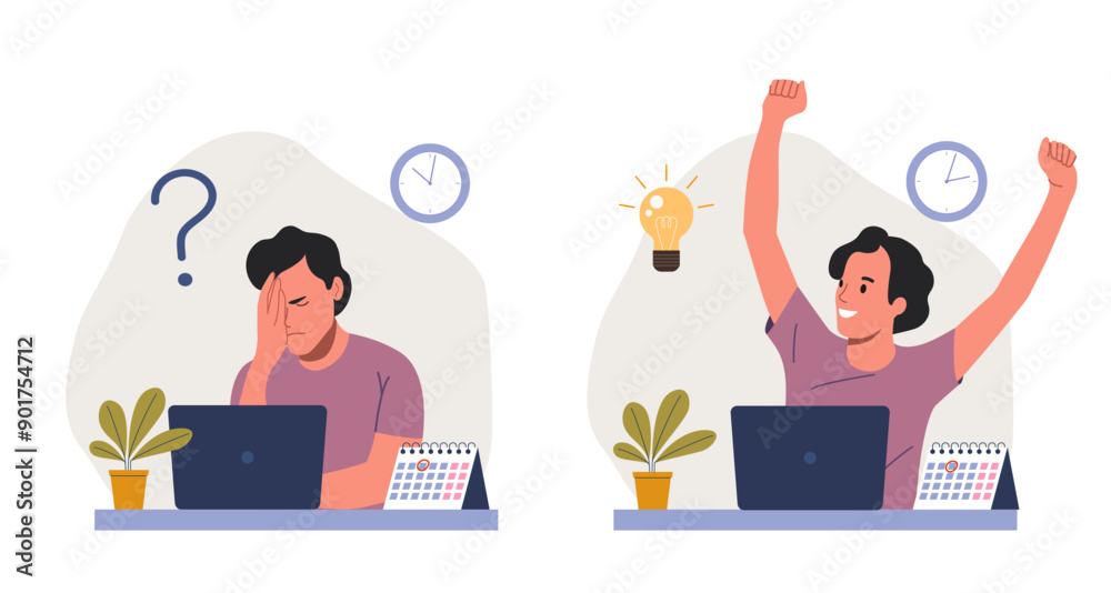 Young man before the laptop with question mark in think bubble and finding new idea. Shiny light bulb. Flat style cartoon vector illustration. Young man before the laptop with question mark in think bubble and finding new idea. Shiny light bulb. Flat style cartoon vector illustration.