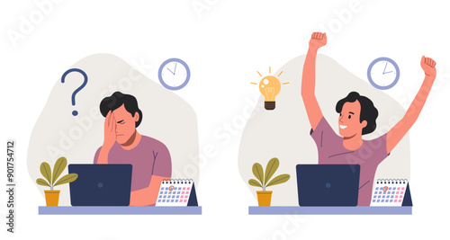 Young man before the laptop with question mark in think bubble and  finding new idea. Shiny light bulb. Flat style cartoon vector illustration.