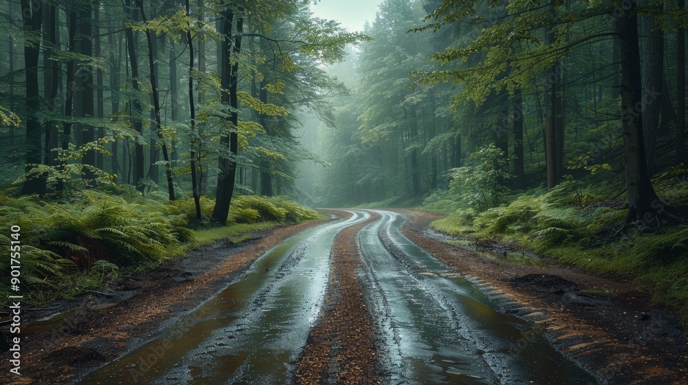 Obraz premium Serene Rainy Forest Pathway Surrounded by Lush Greenery and Foggy Atmosphere in Early Morning. Generative AI