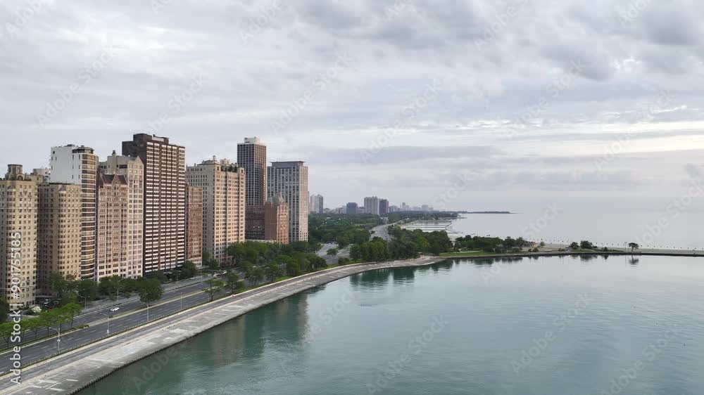Beautiful aerial view of Chicago's lakeshore at dawn Beautiful aerial view of Chicago's lakeshore at dawn