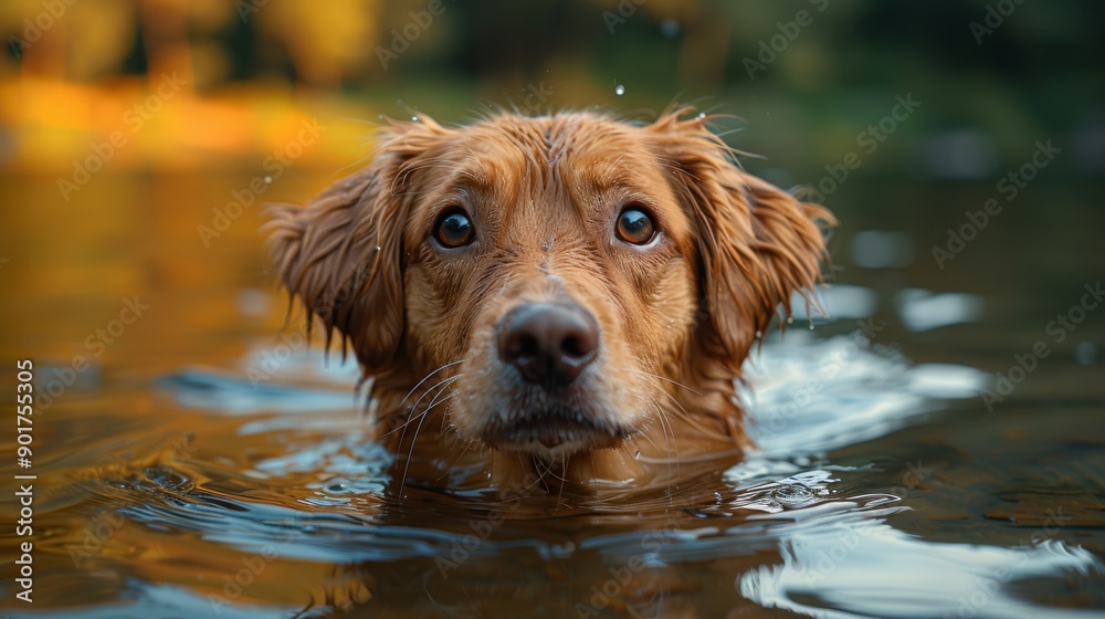 Golden retriever dog is enjoying a swim in a lake with its head above the water Golden retriever dog is enjoying a swim in a lake with its head above the water