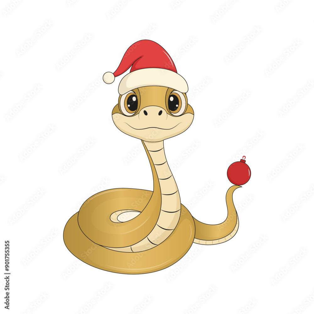 Fototapeta premium Golden snake with red Christmas cap. Vector illustration