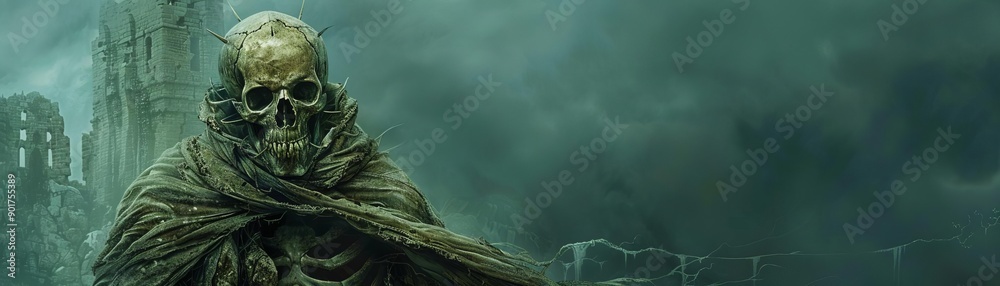 Skull-headed phantom with a visible spine, draped in a tattered cloak, haunted castle backdrop, sinister and ghostly, skull spine cloak Skull-headed phantom with a visible spine, draped in a tattered cloak, haunted castle backdrop, sinister and ghostly, skull spine cloak