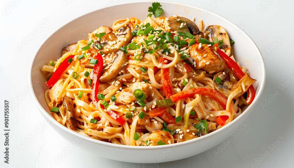 Stir fry noodles with chicken, red paprika, mushrooms, chives and sesame seeds in bowl. Asian cuisine dish. White table background, top view Stir fry noodles with chicken, red paprika, mushrooms, chives and sesame seeds in bowl. Asian cuisine dish. White table background, top view