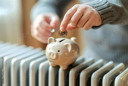 Close-up Shot of Ma Inserting a Coin into a Piggy Bank Placed on the Radiator photo