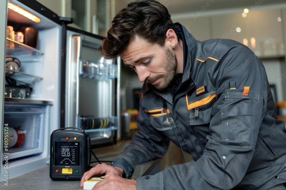 Male technician conducting service and repair on home refrigerator using digital multimeter Male technician conducting service and repair on home refrigerator using digital multimeter