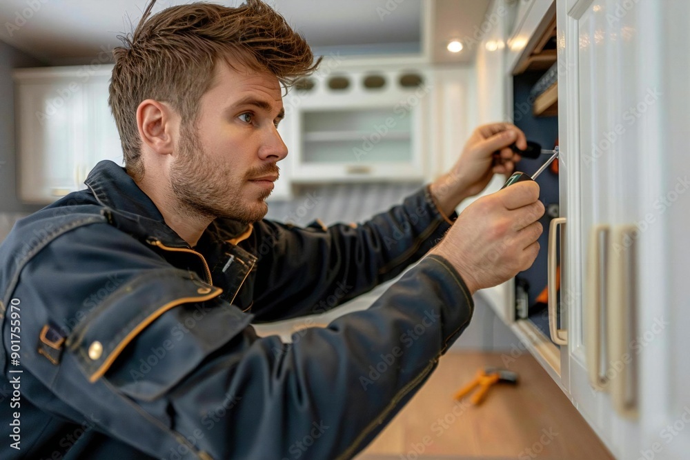 Serviceman seen from behind repairing cabinet in kitchen with screwdriver Serviceman seen from behind repairing cabinet in kitchen with screwdriver