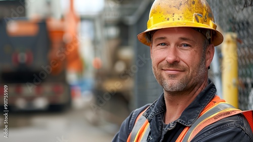 Wallpaper Mural a man wearing a hard hat and safety vest standing in front of a construction site with a truck in the background Torontodigital.ca