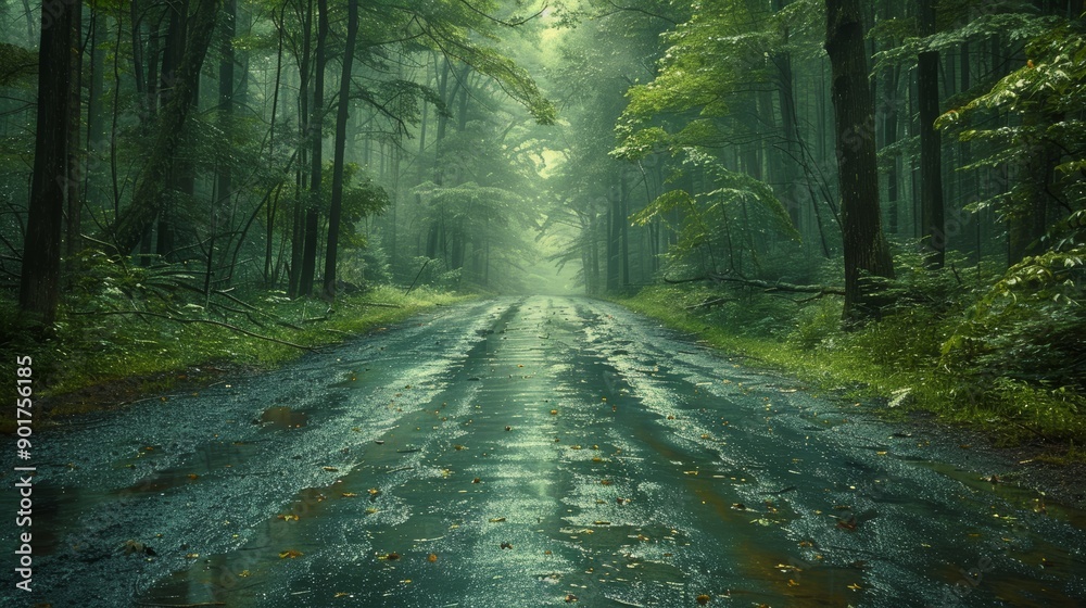 Obraz premium Serene Rainy Day Along a Quiet Forest Path Surrounded by Lush Greenery in the Early Morning. Generative AI