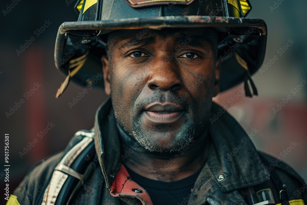 Close-up of black firefighter with helmet and gear, serious expr Close-up of black firefighter with helmet and gear, serious expr