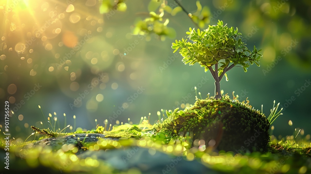 a small tree is growing on a mossy rock in the sunlight a small tree is growing on a mossy rock in the sunlight