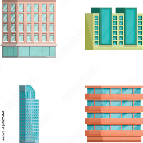 City house icons set cartoon vector. Building of different shape and height. Modern architecture