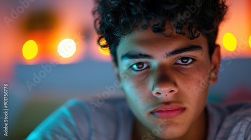 Digital Overload: Teenager Engrossed in Online Chats Under Social Pressure, Vibrant Multilayered Scene with Bedroom Background photo