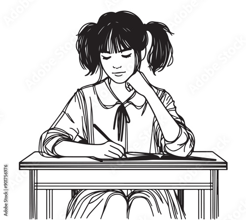 Education concept banner. Cute schoolgirl sitting at her desk and studying. Vector sketch