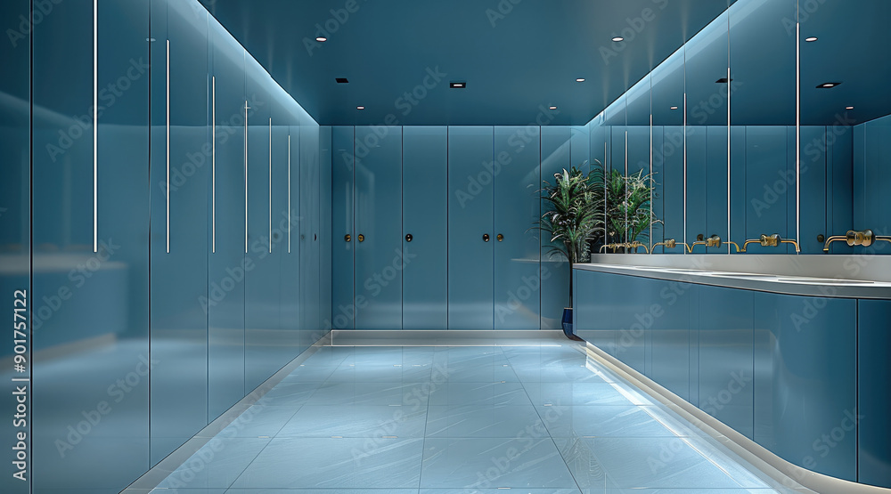 Obraz premium A commercial restroom with the blue cubicles which is exact provided, touch less faucets with large mirrors. Generative AI.
