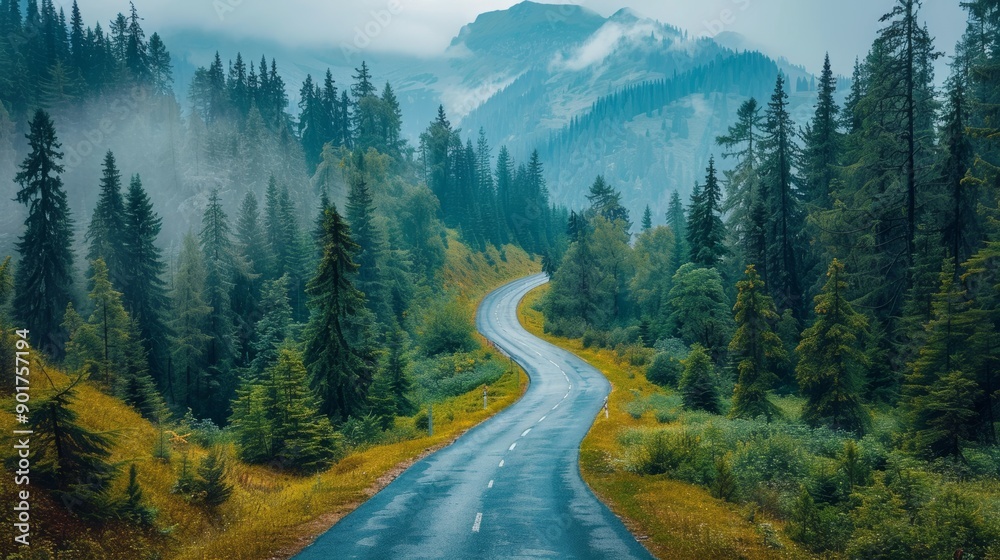 Winding Mountain Road Through Lush Green Forests on a Misty Morning. Generative AI Winding Mountain Road Through Lush Green Forests on a Misty Morning. Generative AI