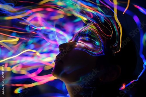 Abstract luminous lines highlights on face of dreaming girl, world of synesthesia