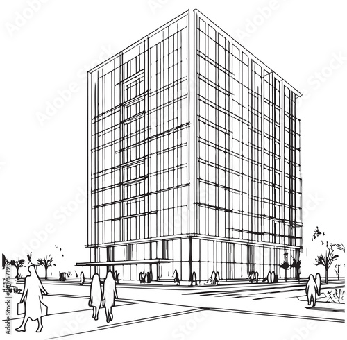 High rise building sketch. Line art