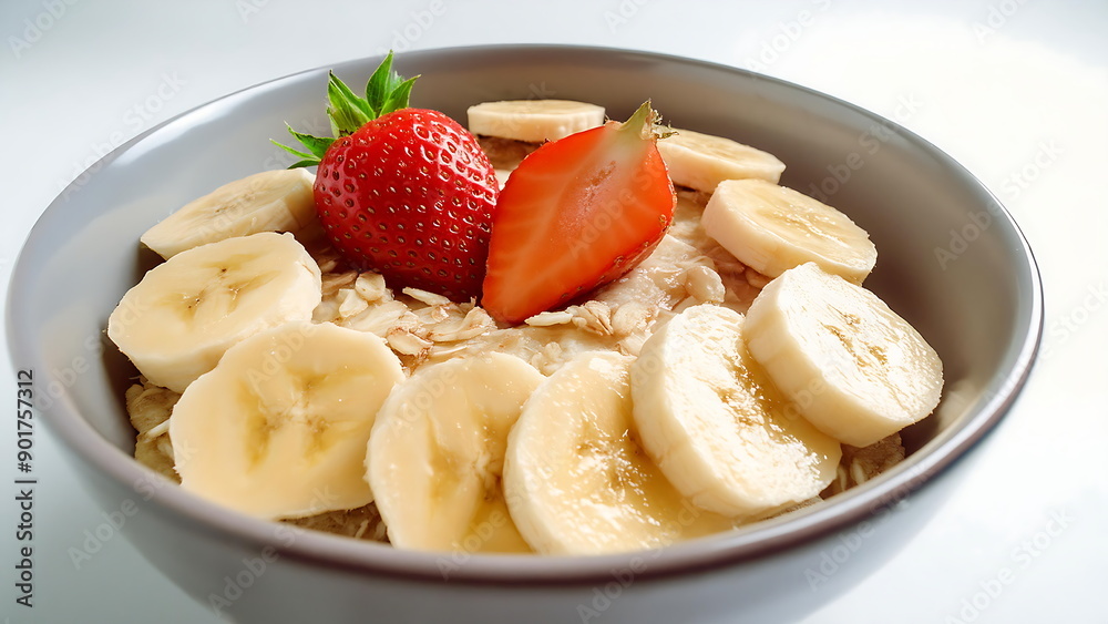 Oatmeal with Banana Slices and Strawberries in a Bowl Oatmeal with Banana Slices and Strawberries in a Bowl
