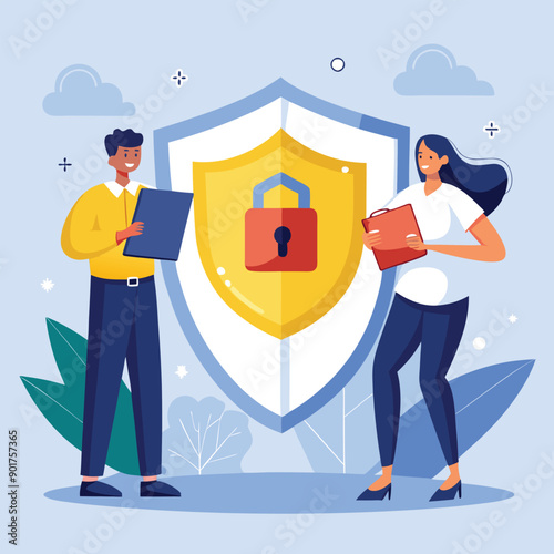 An illustration of two people holding up a large shield