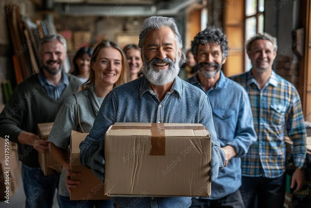 Cheerful Business Team Transitioning to New Office with Cardboard Box Cheerful Business Team Transitioning to New Office with Cardboard Box