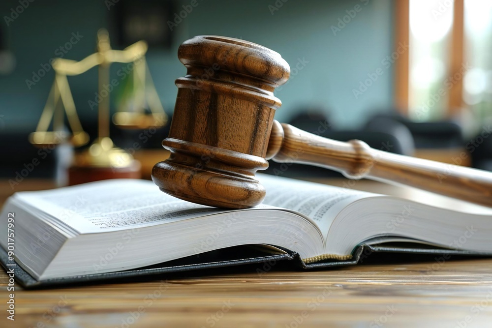 Close-up Shot of Mallet Resting on an Open Legal Book on Table in a Courtroom Close-up Shot of Mallet Resting on an Open Legal Book on Table in a Courtroom