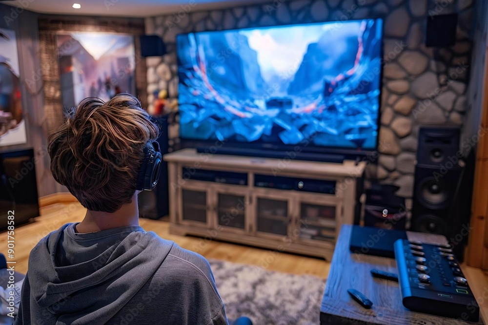 Mid adult man in living room watching movie on television from high angle perspective Mid adult man in living room watching movie on television from high angle perspective