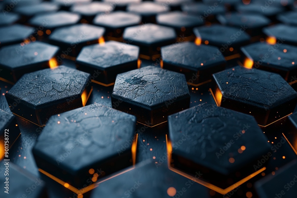 Fototapeta premium Glowing hexagonal tiles with connecting lines and points.