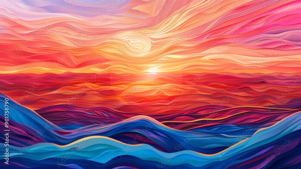 Vibrant Digital Sunset Over Wavy Landscape Vibrant Digital Sunset Over Wavy Landscape