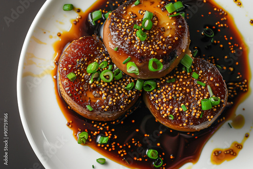 foie gras with mustard seeds and green onions in duck jus, top view photo