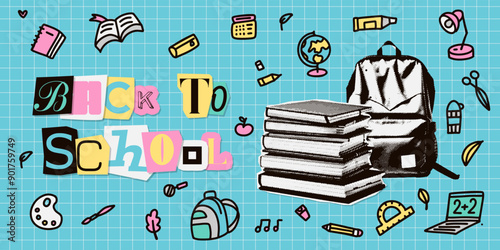 Back to school trendy halftone collage banner template with doodles on a checkered paper background. Books pile, backpack and cutout words with stationery decor. Concept of learning, knowledge. Vector