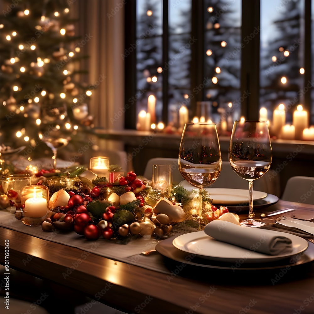 Experience the holiday spirit with a festive Christmas table set with delicious food, surrounded by elaborate light displays. Capture joyful moments of people enjoying the seasonal feast. Experience the holiday spirit with a festive Christmas table set with delicious food, surrounded by elaborate light displays. Capture joyful moments of people enjoying the seasonal feast.