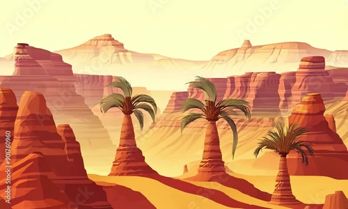 The background showcases desert landscapes with rocks, valleys, and date palm trees photo