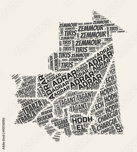 Mauritania word cloud. Country with regions division. Mauritania typographic text clouds vector image design. Vintage gazette style country shape image. Stylish vector illustration.